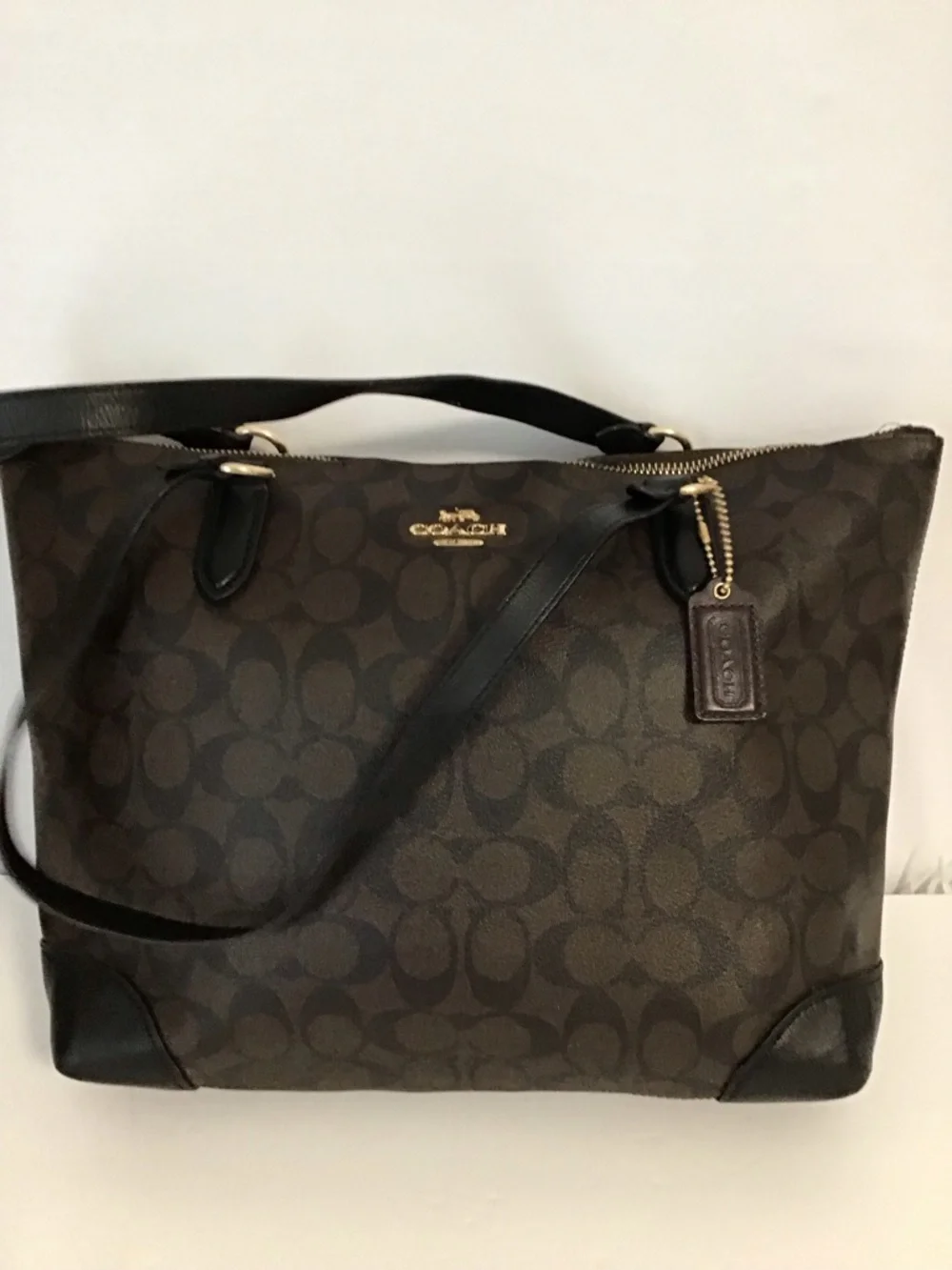 Coach Brown Signature Canvas Shoulder Tote with Black Straps